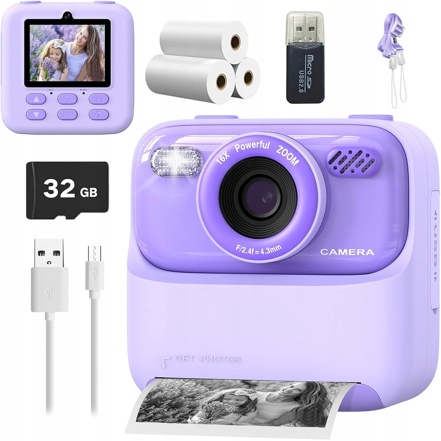INSTANT DIGITAL CAMERA FOR CHILDREN WITH PRINTER + 32GB CARD + 3 ROLLS