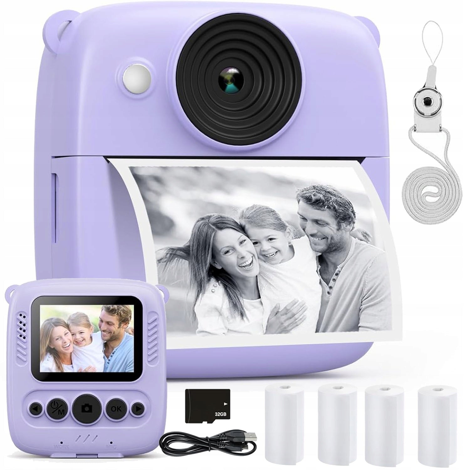 INSTANT DIGITAL CAMERA FOR CHILDREN WITH PRINTER + 32GB CARD + 4 ROLLS