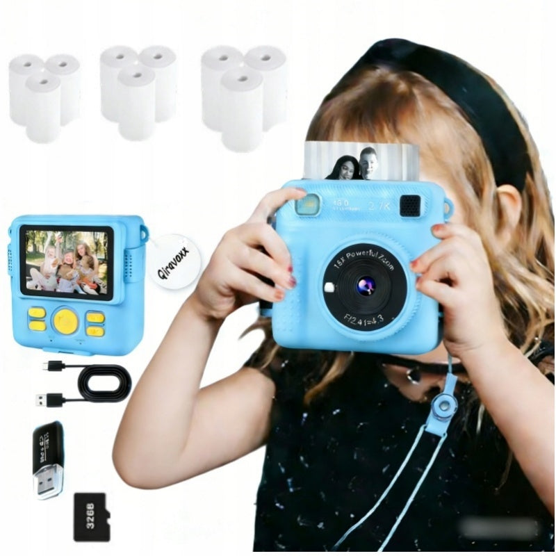 INSTANT DIGITAL CAMERA FOR CHILDREN WITH PRINTER + 32GB CARD + 8 ROLLS