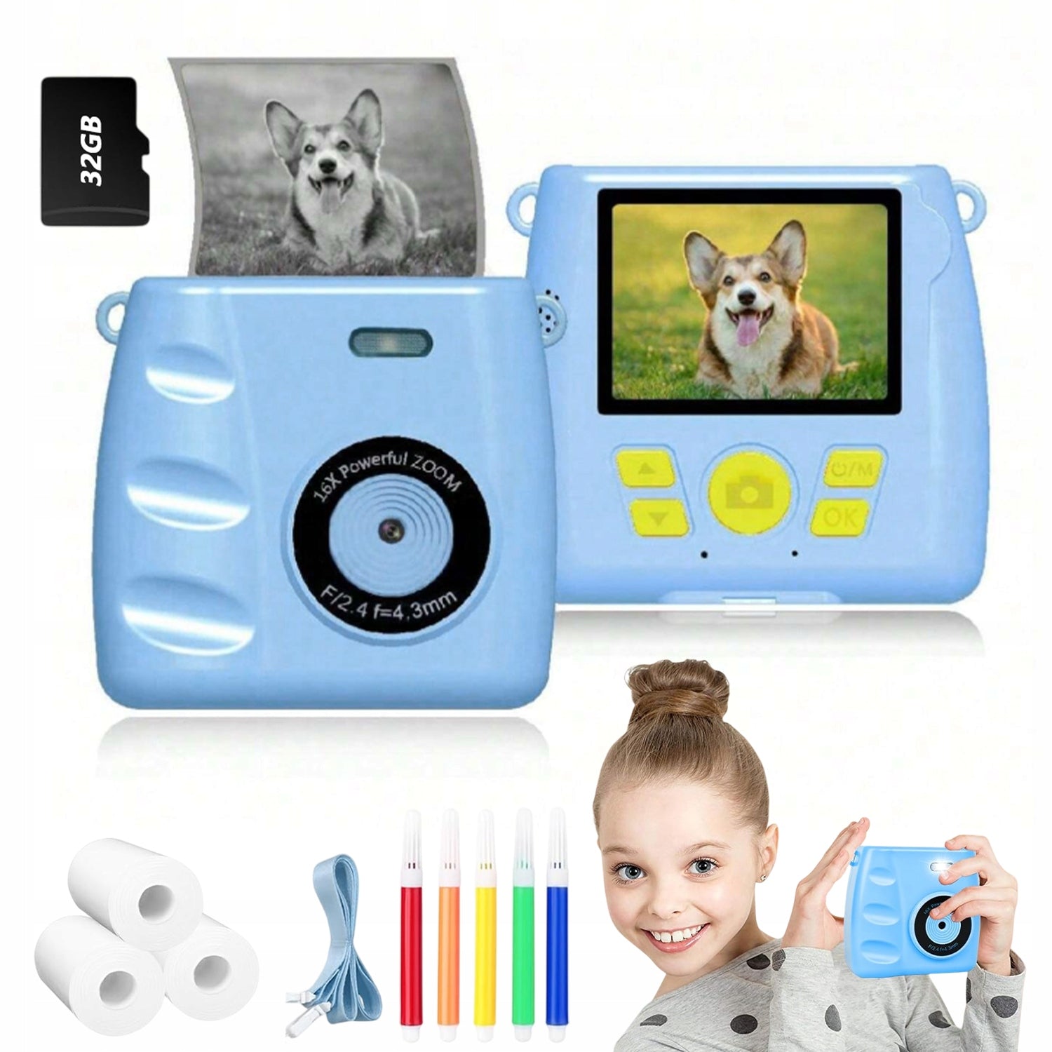 INSTANT DIGITAL CAMERA WITH PRINTER + 32GB CARD + 3 ROLLS +ACCESSORIES