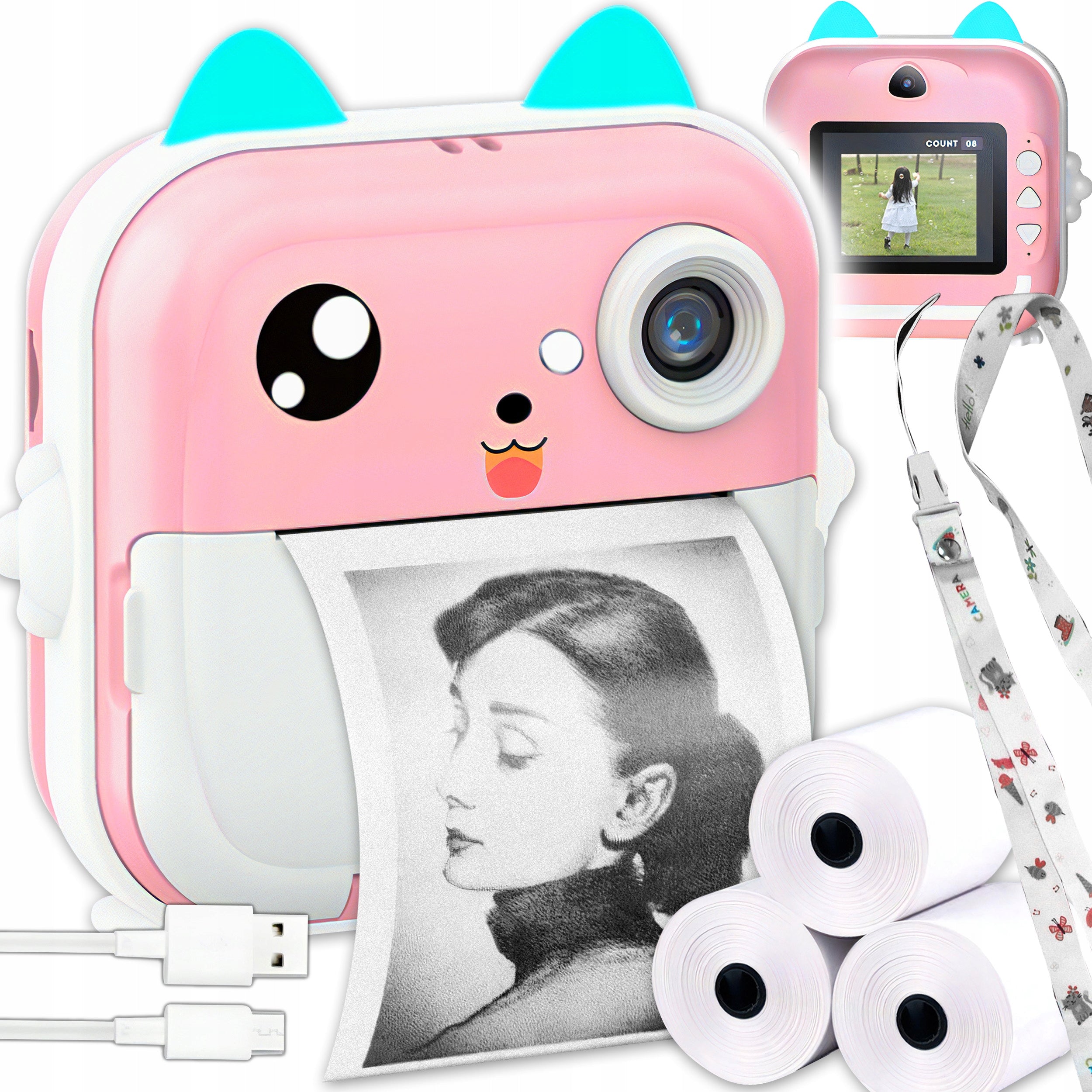 INSTANT DIGITAL CAMERA WITH PRINTER FOR CHILDREN GAMES PINK + 3 ROLLS