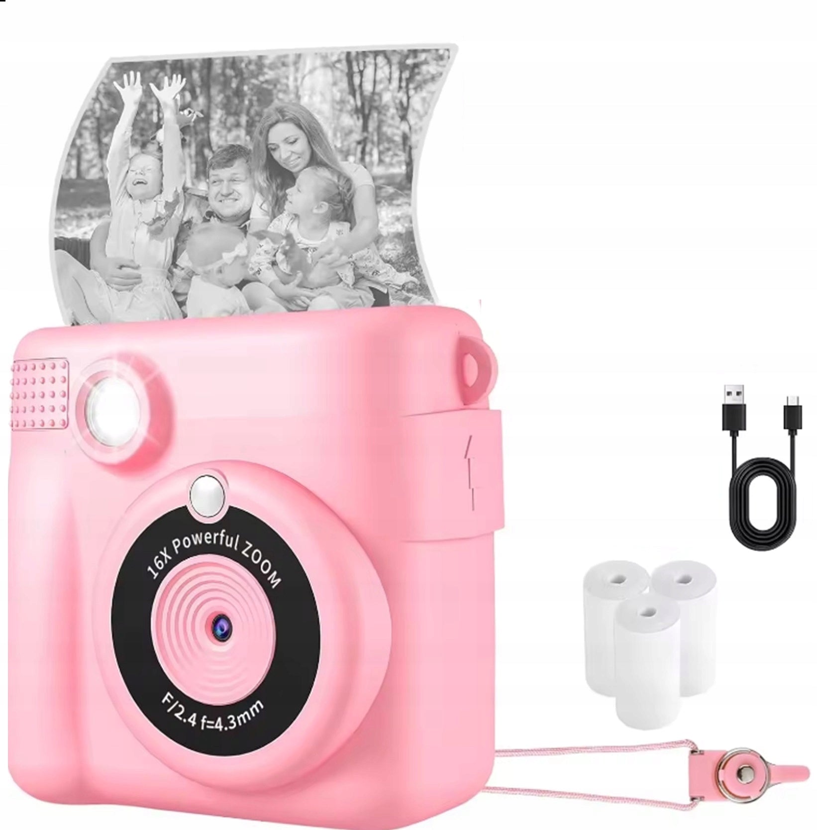 INSTANT DIGITAL CAMERA WITH PRINTER FOR CHILDREN PINK ZOOM GAME PAPER