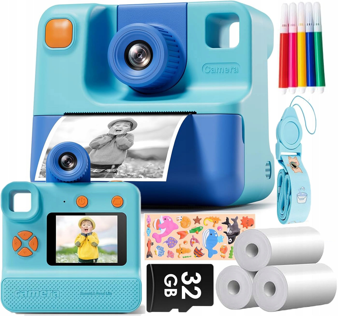 INSTANT DIGITAL PHOTO CAMERA FOR CHILDREN + 3x ROLLS +32G CARDS