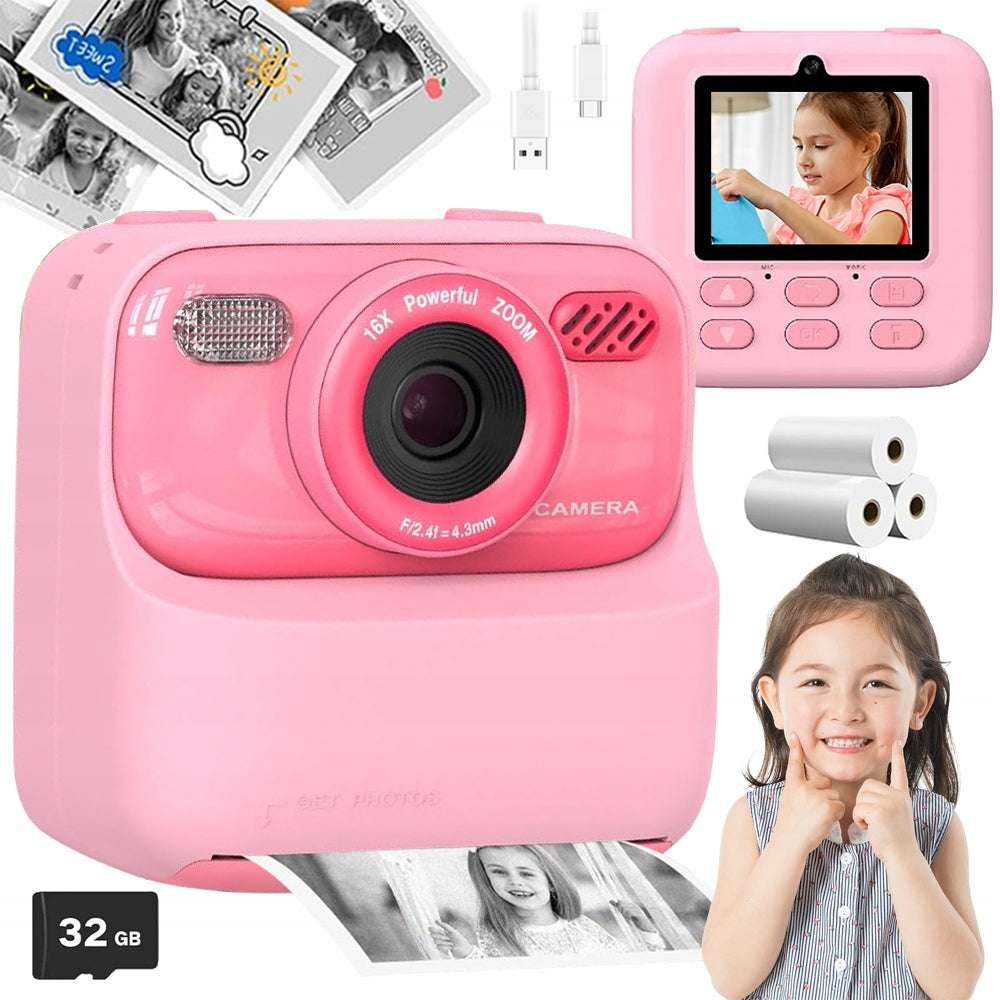 INSTANT PRINTER CAMERA 1080P DIGITAL SELFIE 32G PINK 1200MAH