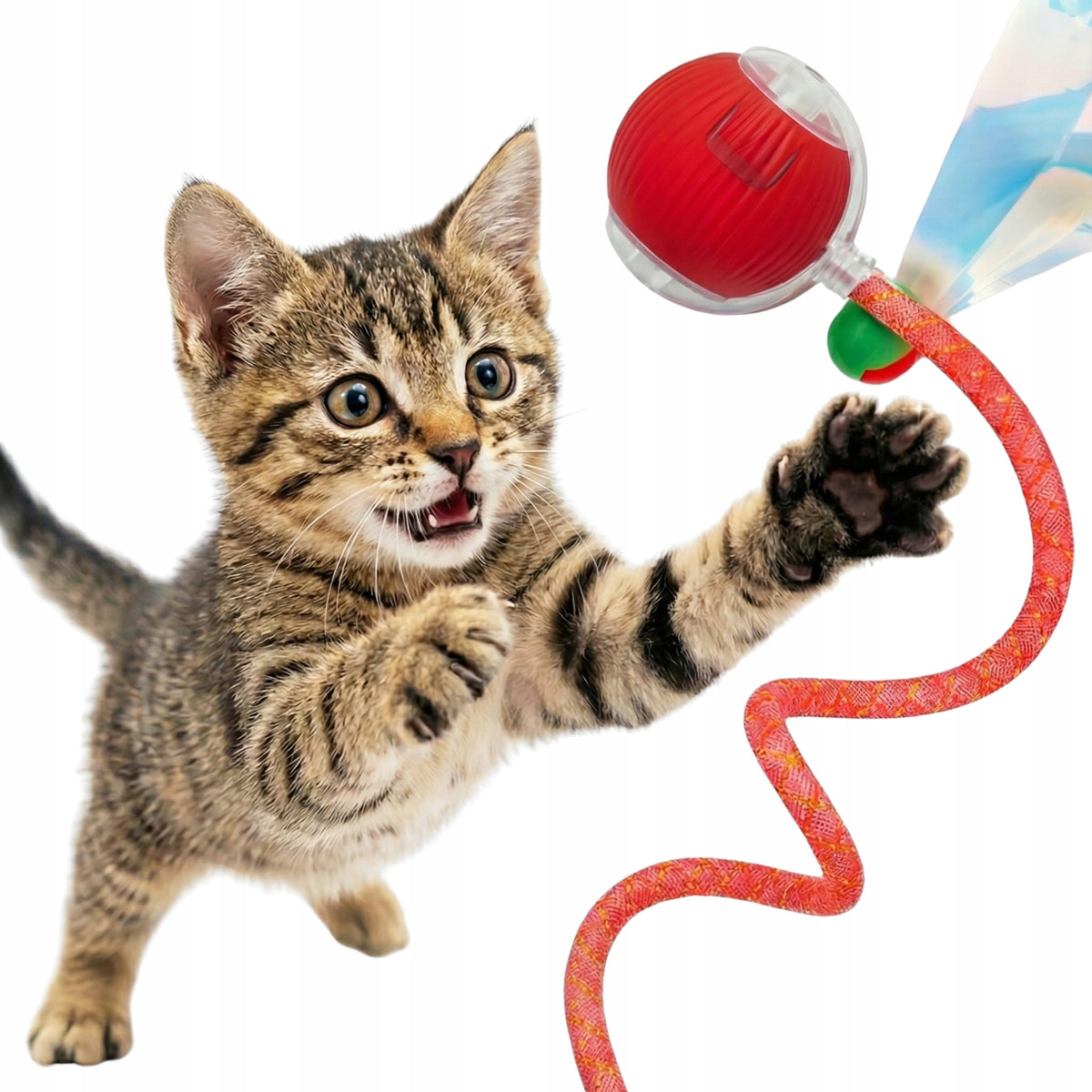INTERACTIVE CAT BALL TOY RED Movable USB LED Feather 360