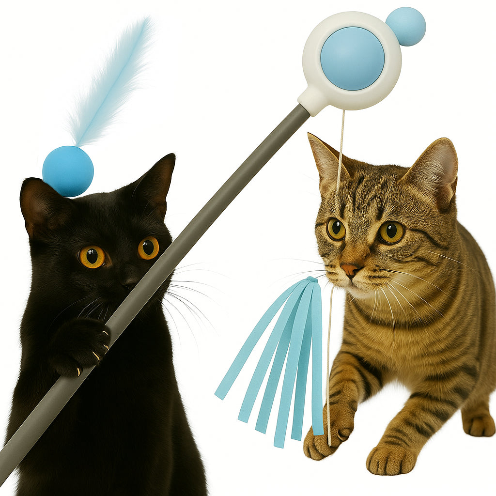INTERACTIVE CAT FISHING ROD TOY FEATHER RIBBON RETRACTABLE