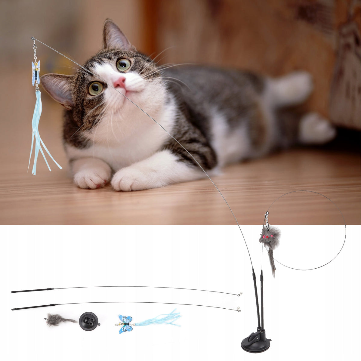 INTERACTIVE CAT TOY FISHING ROD WITH SUCTION CUP 90 CM Packaging status original