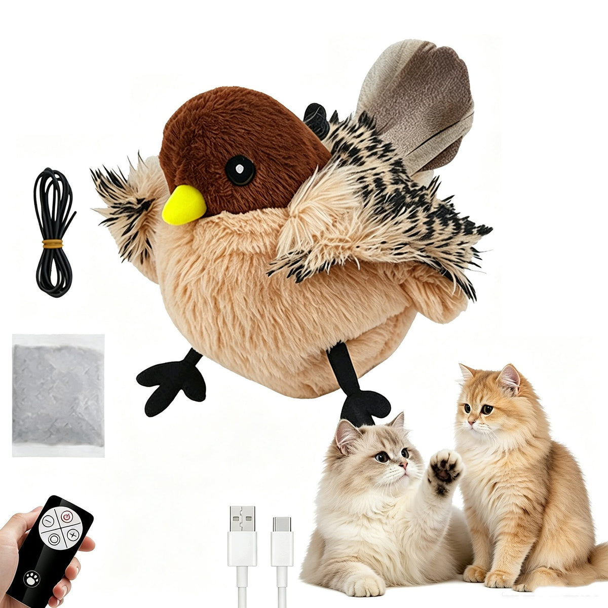 INTERACTIVE CAT TOY PLUSH BIRD MOVING BIRD + CATNIP