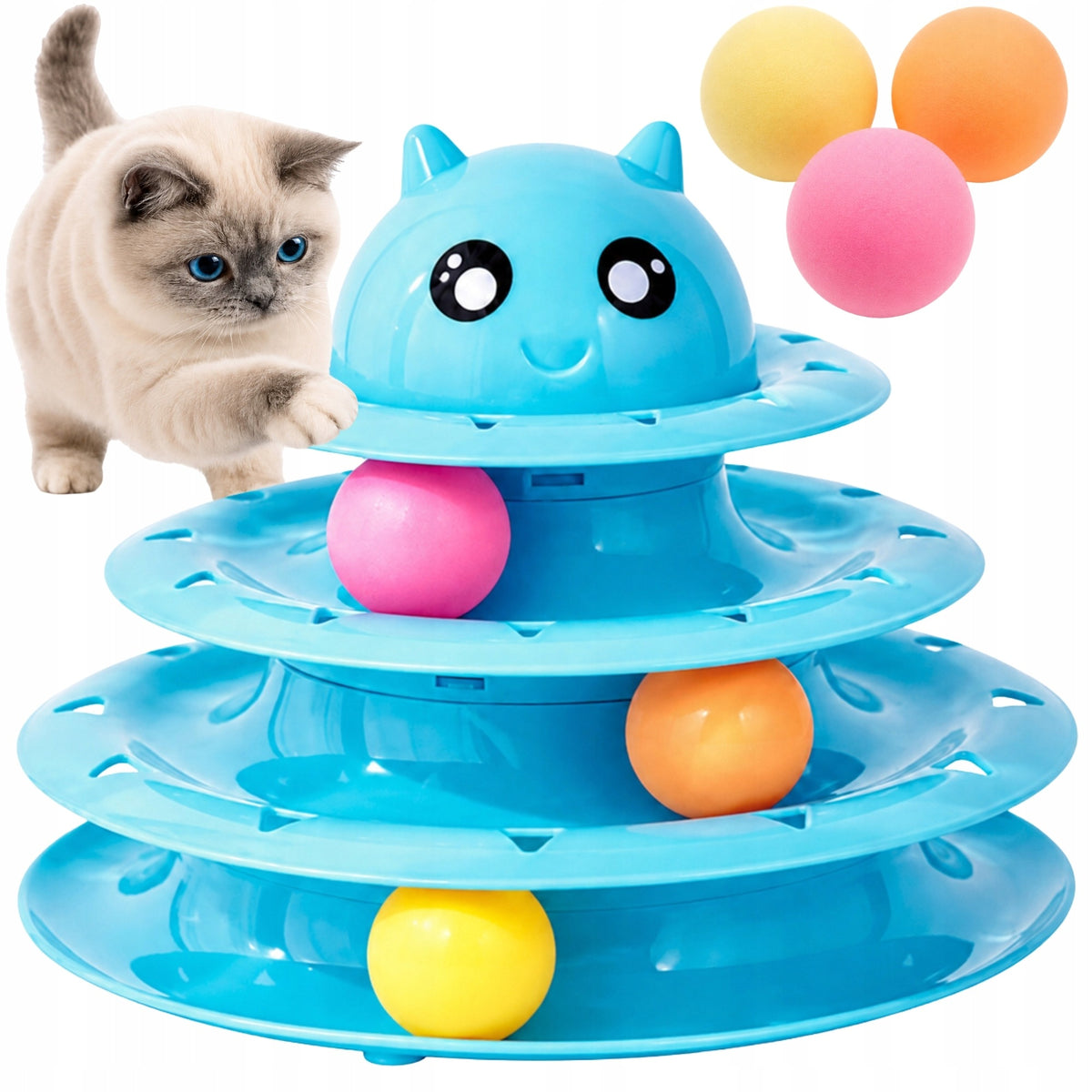 INTERACTIVE CAT TOY TOWER WITH BALLS 3 LEVELS CAROUSEL FUN