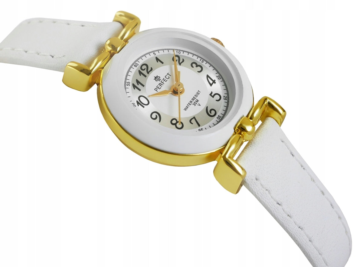 INTERESTING CHILDREN'S COMMUNION WATCH - GOLD CASE - WHITE STRAP -PERFECT Packaging status original