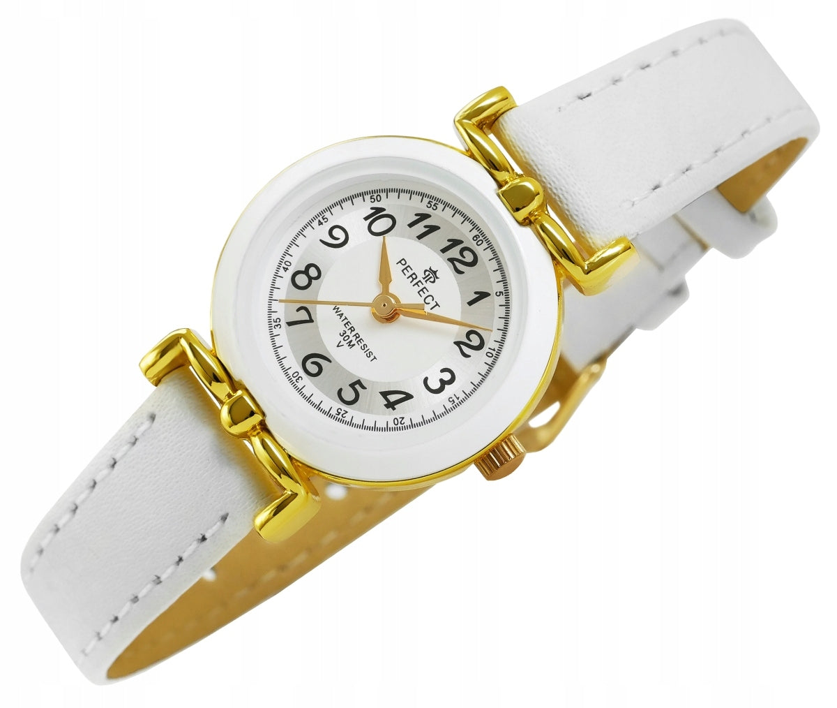 INTERESTING CHILDREN'S COMMUNION WATCH - GOLD CASE - WHITE STRAP -PERFECT