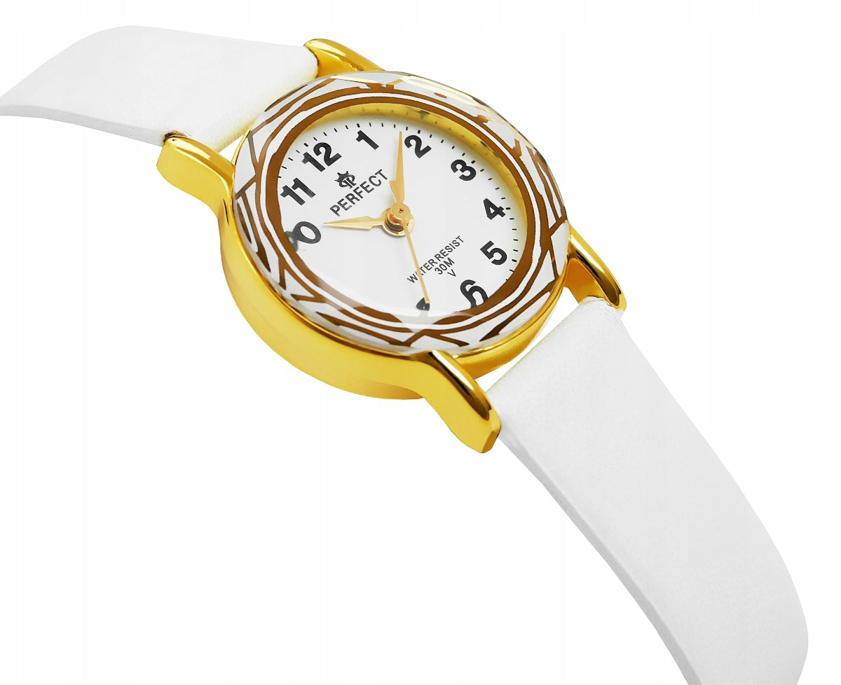 INTERESTING WHITE CHILDREN'S WATCH - ON THE STRAP - PATTERN ON THE DIAL - PERFECT Batteries included yes