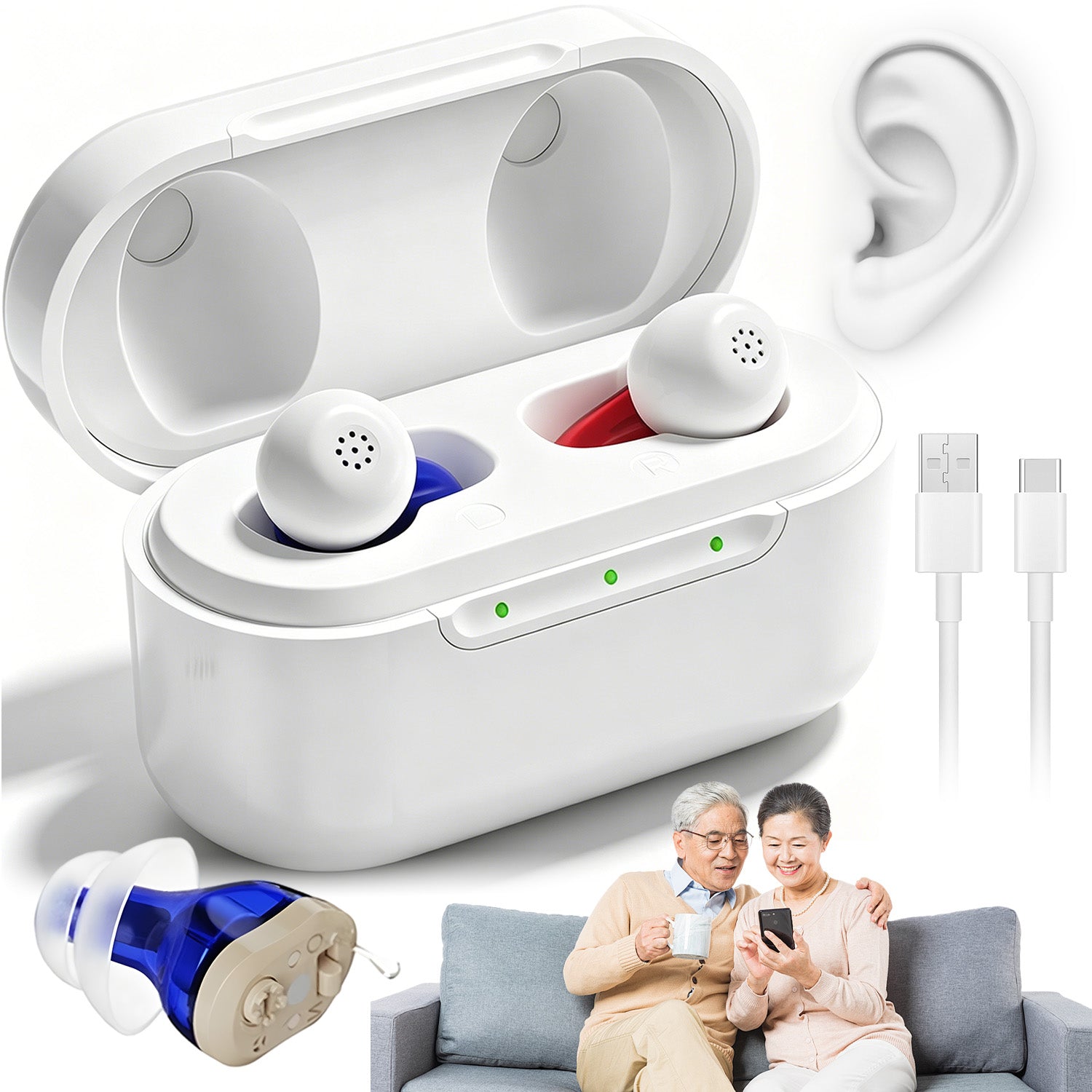 INVISIBLE HEARING AID ERGONOMIC WITH CHARGING CASE IDEAL HEARING LOSS