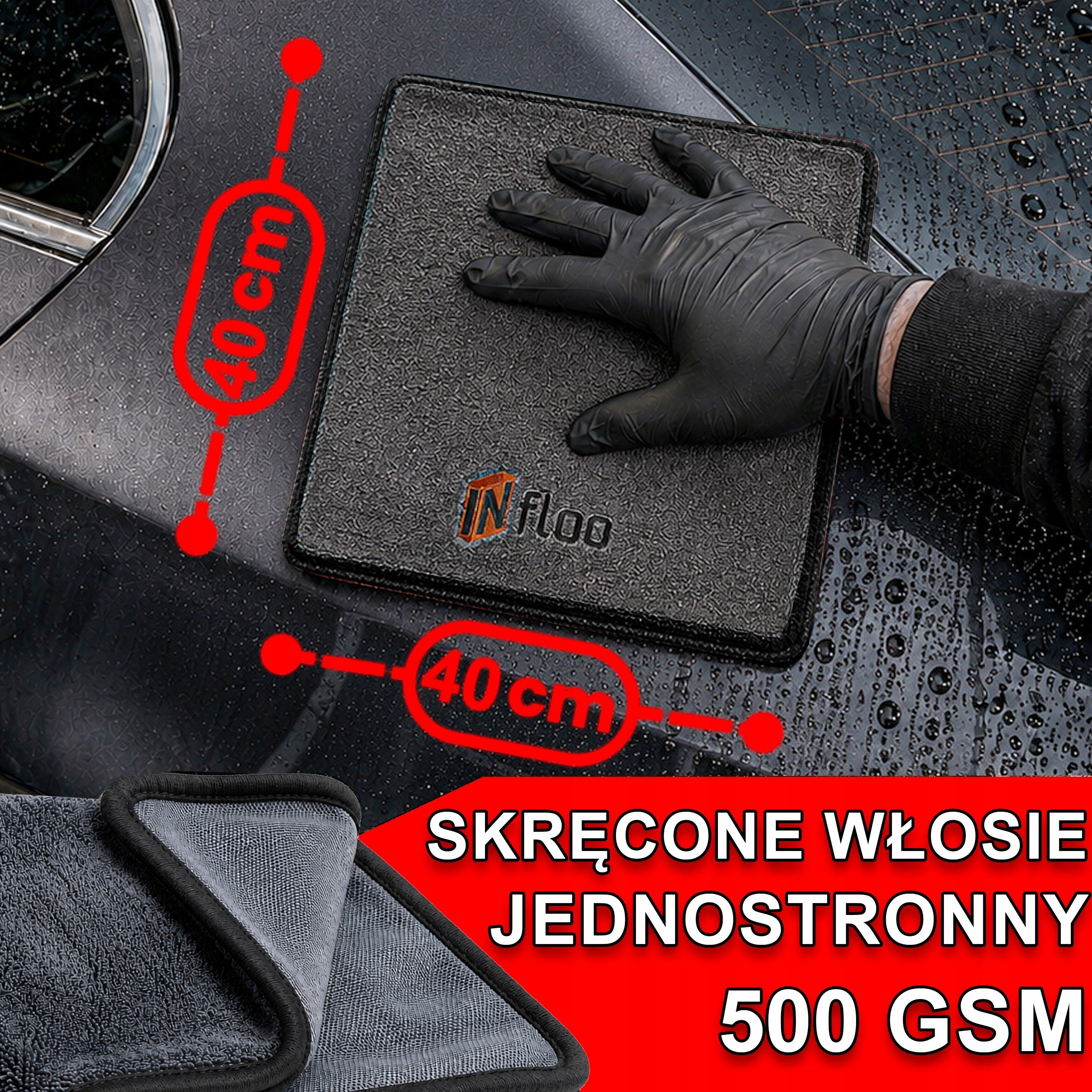 INfloo MICROFIBER CLOTH for CARS and WINDOWS 40x40CM 500GSM TWISTED PILE Packaging status original