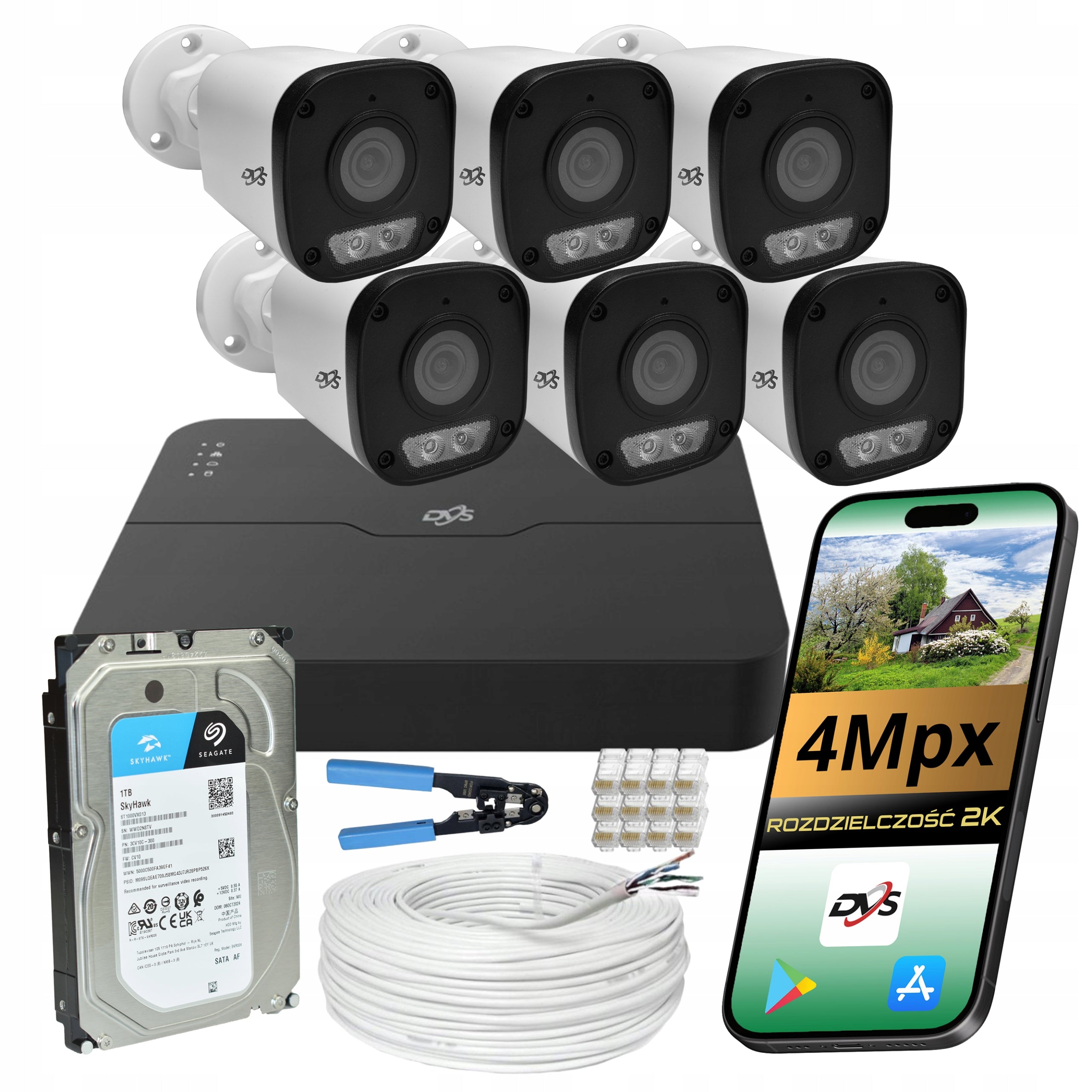 IP MONITORING System 6x Outdoor POE Camera 4Mpx Drive 1TB DVS