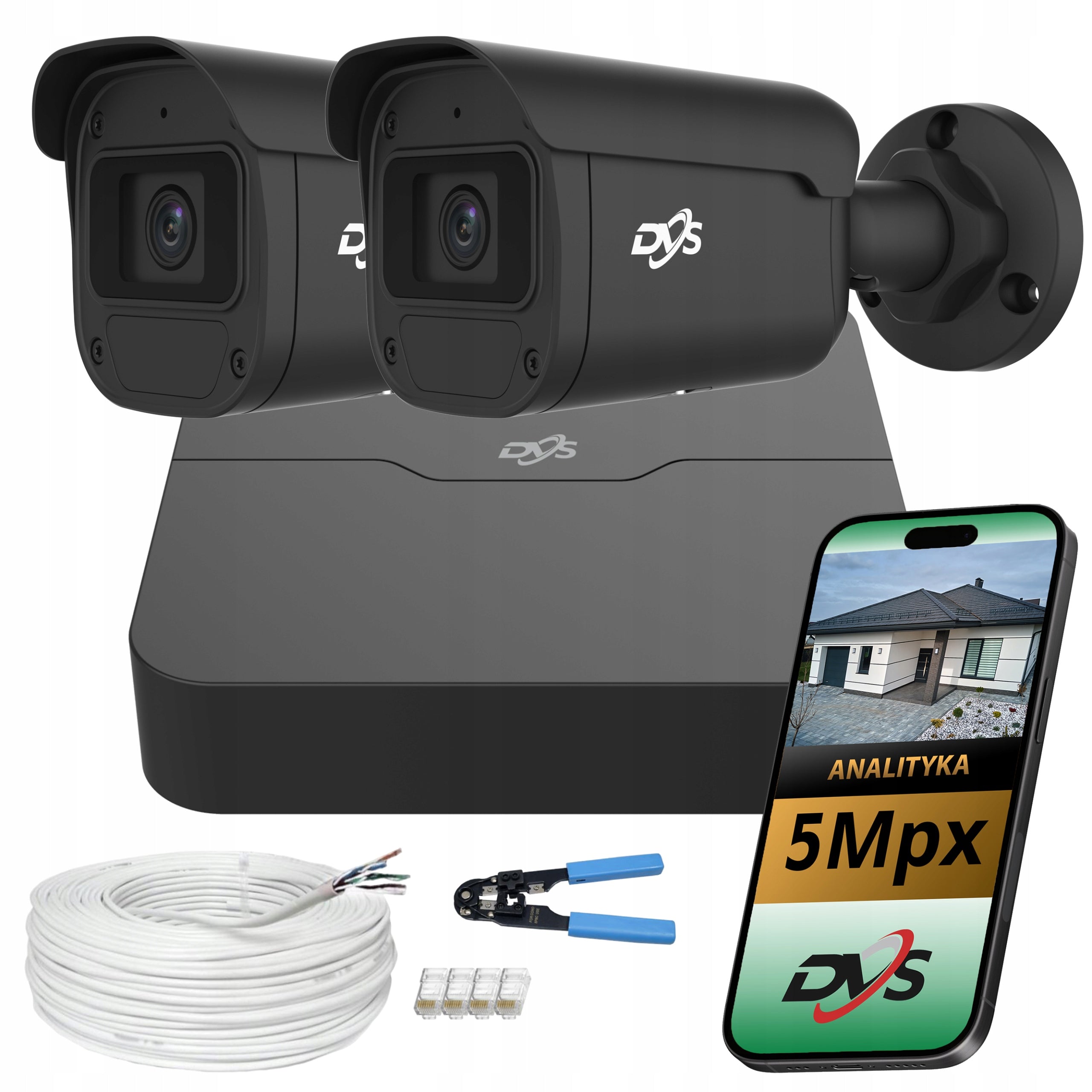 IP Monitoring Kit 2 PoE Cameras 5Mpx Black External AI Analytics DVS
