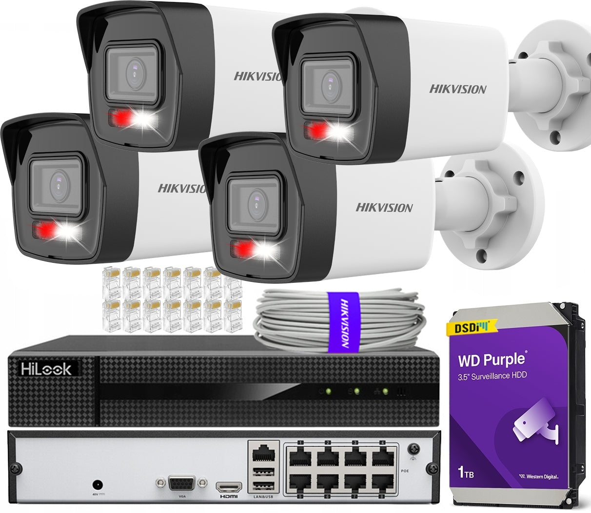 IP Monitoring Kit 4 Cameras 4Mpx Hikvision 8x PoE HiLook Recorder