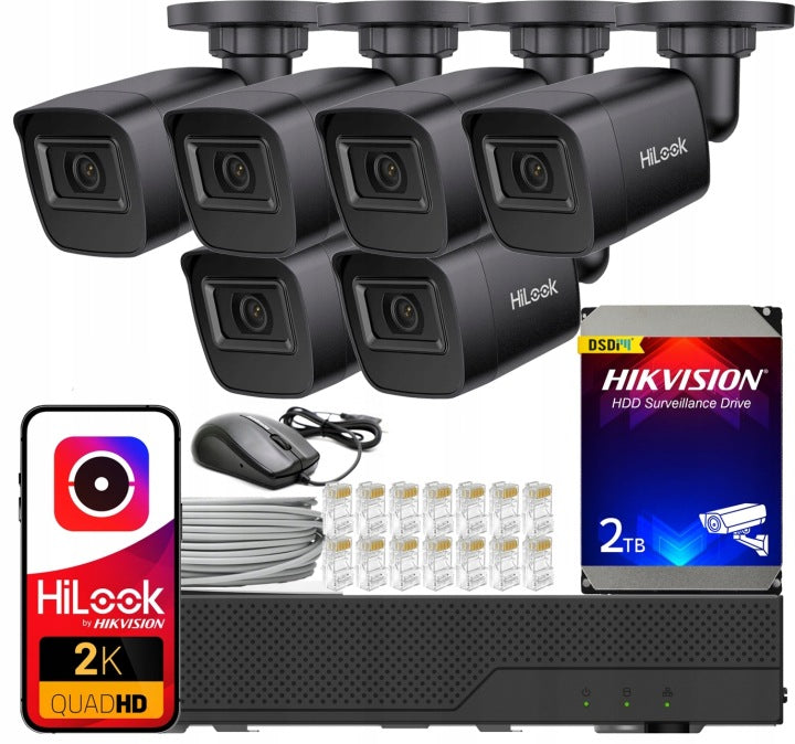 IP Monitoring Kit 4MPX 6 PoE Cameras 2K+ BLACK External HDD Hikvision