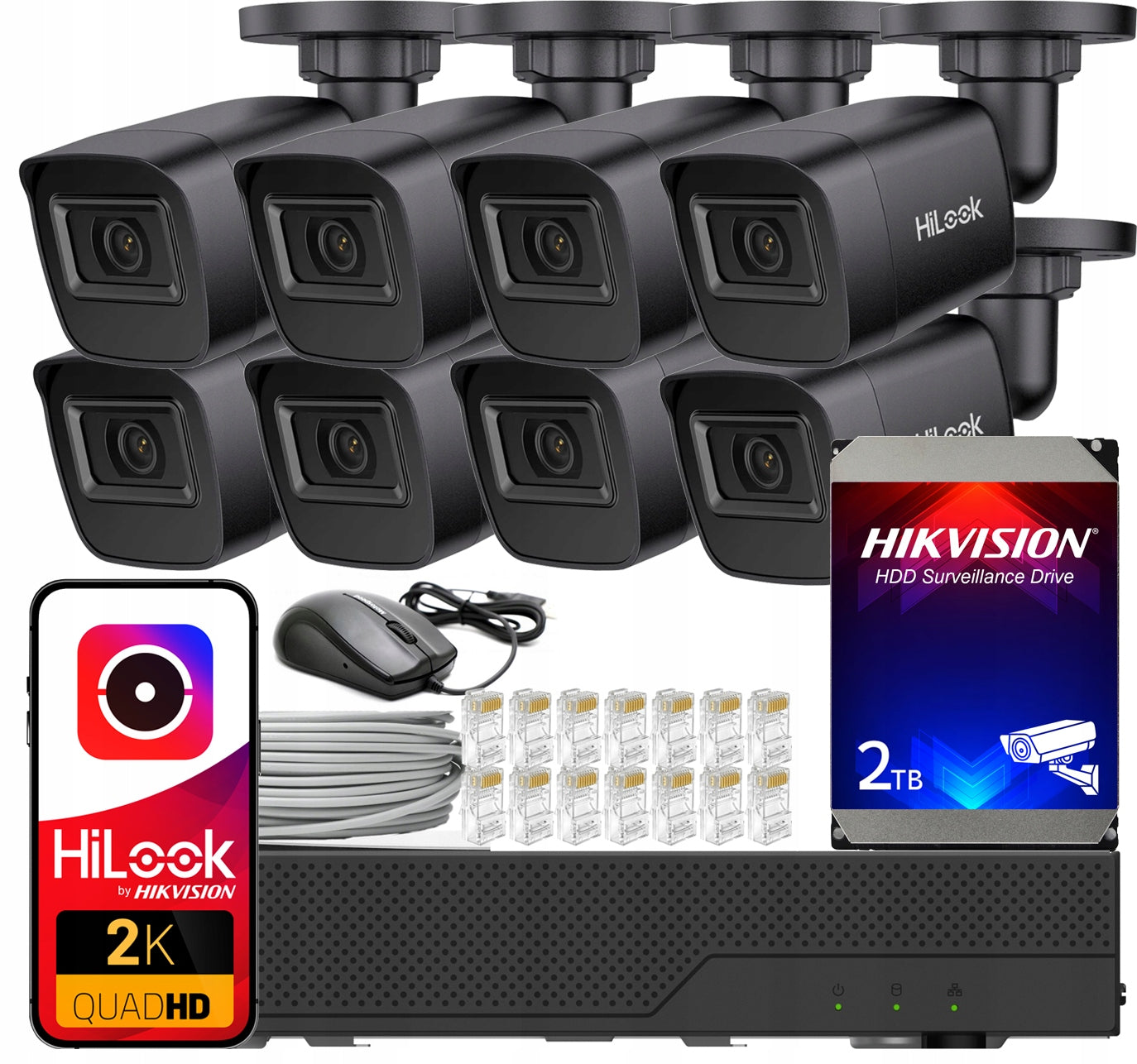 IP Monitoring Kit 4MPx 8 PoE Cameras IPC-B141H-C BLACK HiLook Hikvision