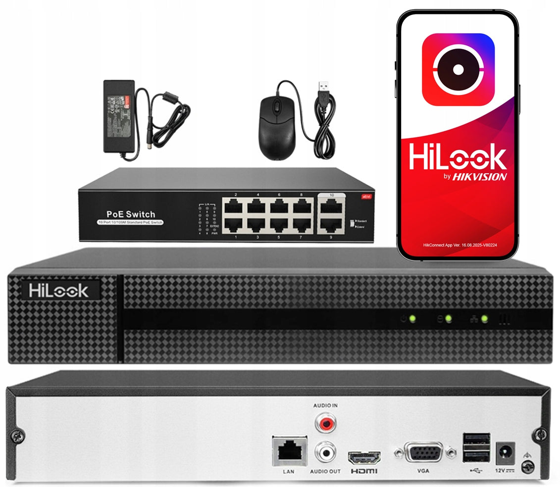 IP Monitoring Recorder 8 Channels 8Mpx HiLook Hikvision + Switch 8x PoE