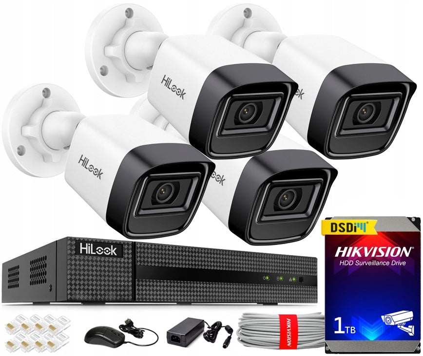 IP SURVEILLANCE KIT 4 CAMERAS 4MPX 2K+ IR20M HILOOK HIKVISION POE 1TB HDD