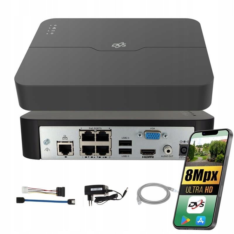 IP SWITCH POE MONITORING RECORDER 4 CHANNELS UP TO 8Mpx ONVIF DVS FOR CAMERAS