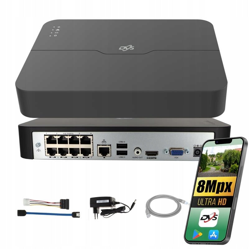 IP SWITCH POE MONITORING RECORDER 8 CHANNELS TO 8Mpx ONVIF DVS FOR CAMERAS