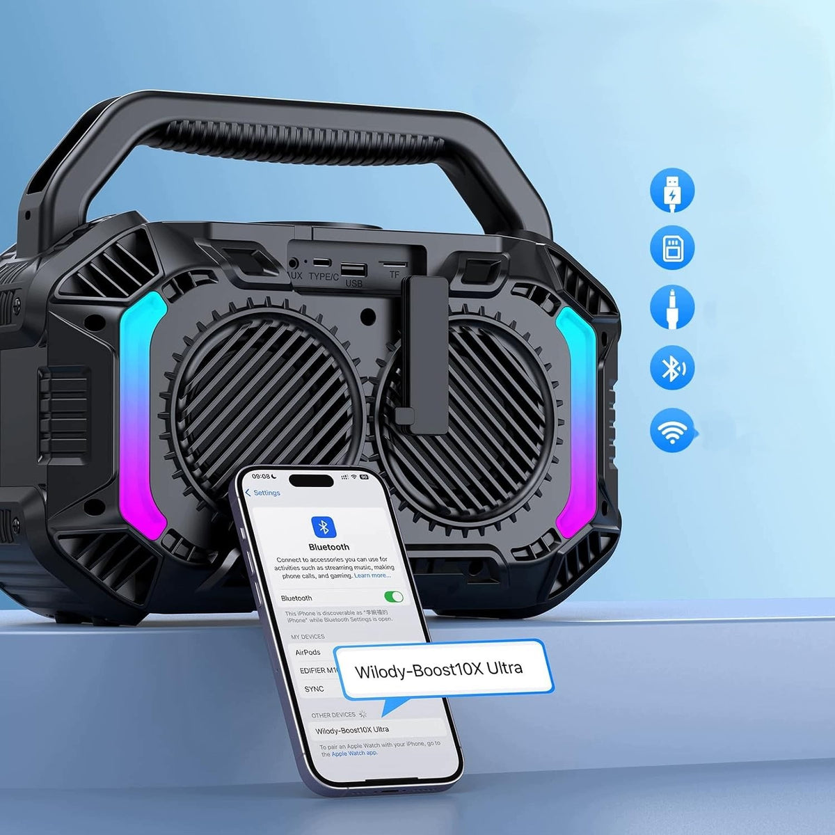 IPX7 RGB TWS BT 5.3 Bluetooth Speaker With Flashlight And Induction Charging Packaging status original
