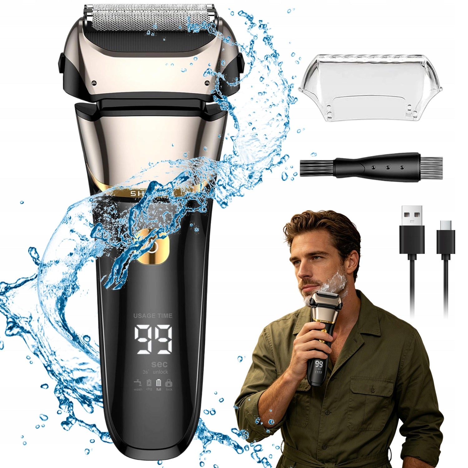 IPX7 USB C ELECTRIC BEARD SHAVER WITH TRAVEL LOCK FUNCTION
