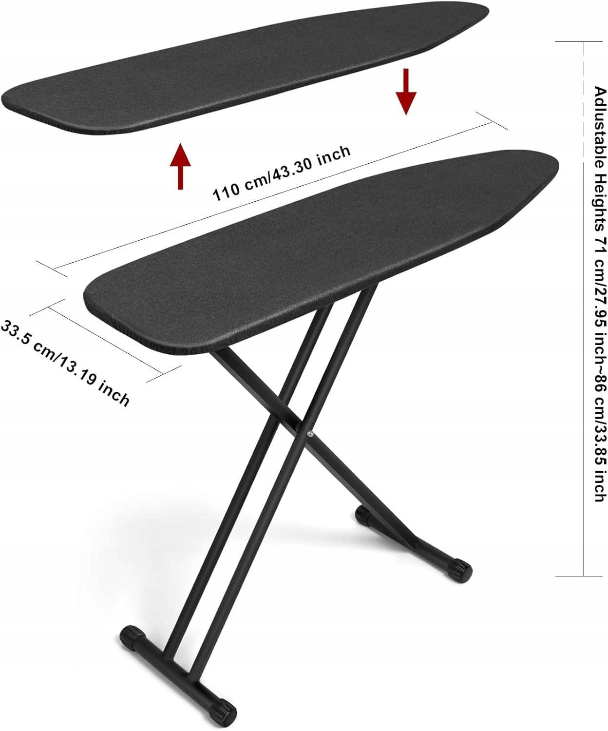IRONING BOARD BLACK ADJUSTABLE HEIGHT 110X33CM FOLDED STABLE LARGE Brand no brand