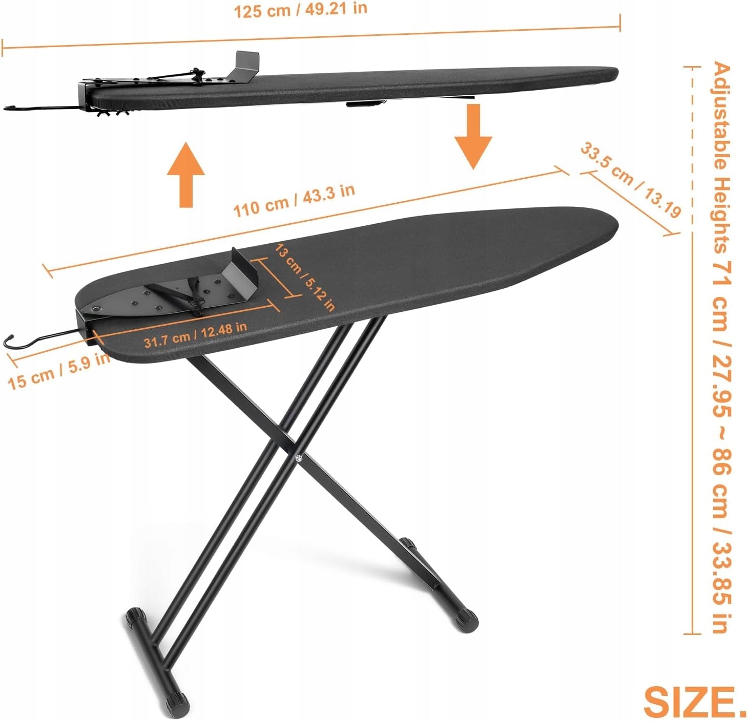 IRONING BOARD BLACK FOLDING 110X34CM STEEL HANDLE 7 HEIGHT Brand no brand