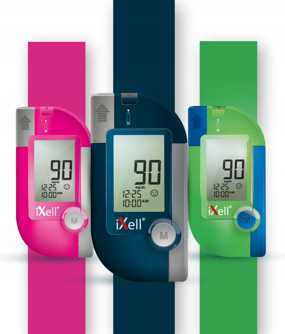 IXELL GLUCOSE METER + TEST STRIPS + LANCET + LANCETS + CONTROL FLUID Packaging status original