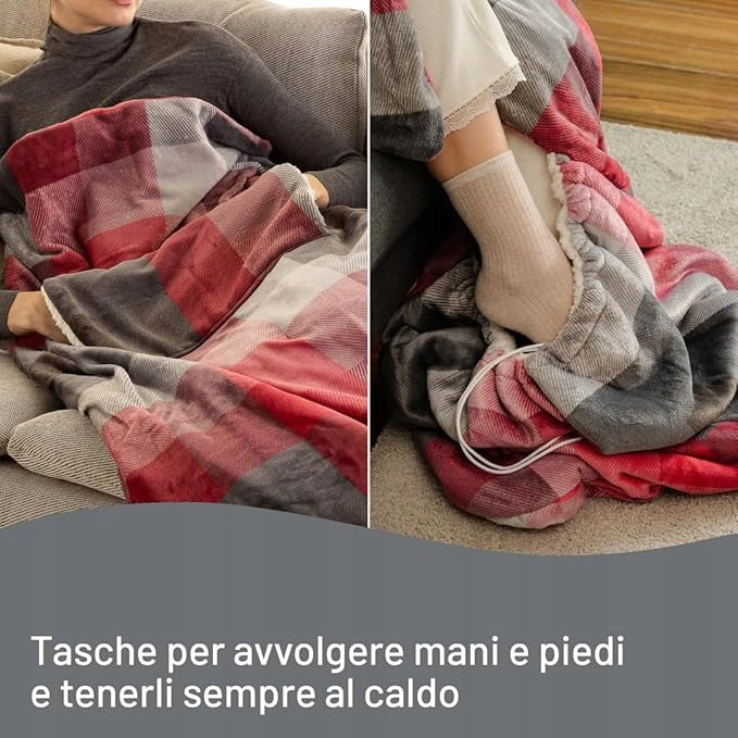 Imetec Warm Plaid Velvet Tartan Electric BLANKET with POCKETS, 150 × 110 cm Medical device no