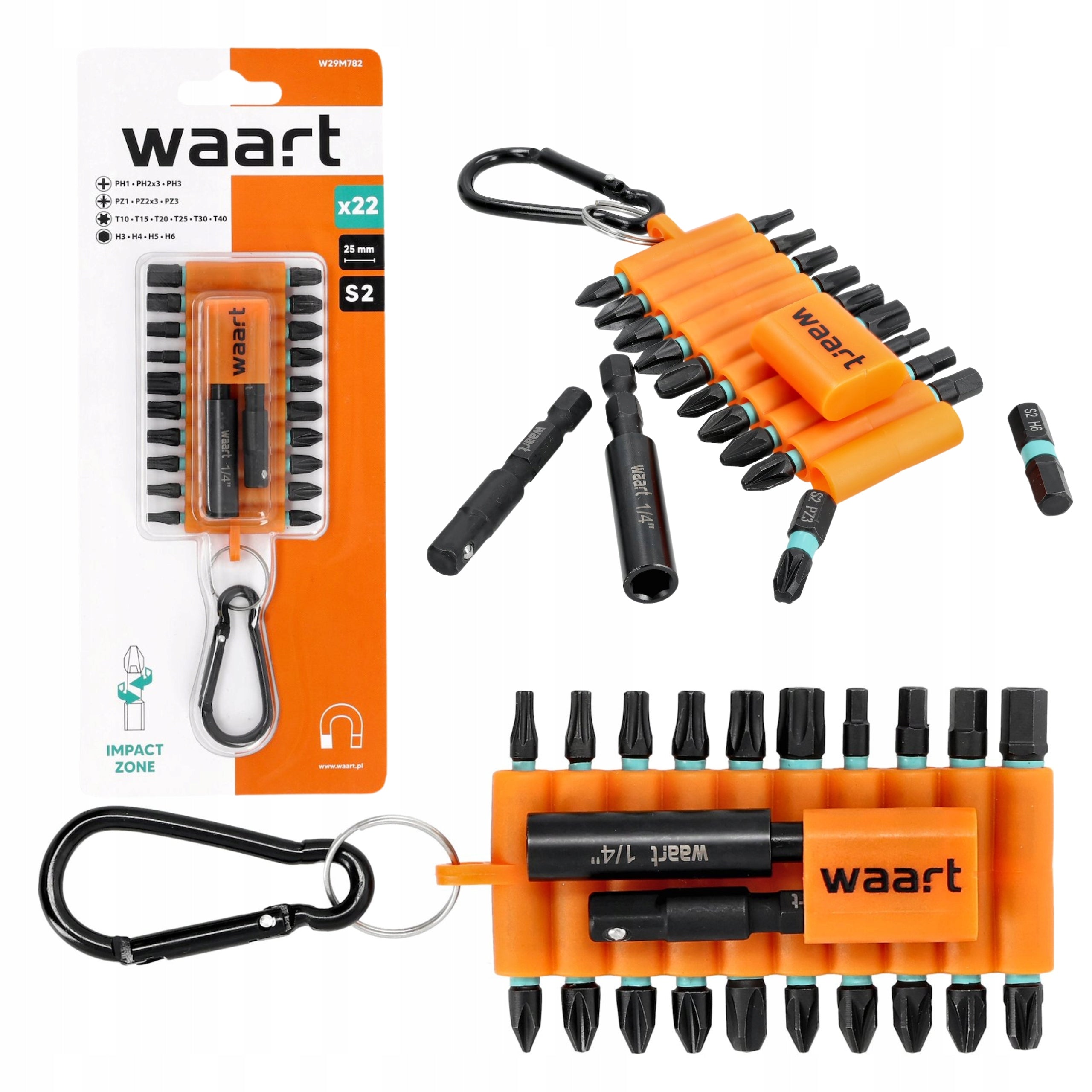 Impact tip set PZ PH TORX 22 pcs, S2 with carabiner WAART