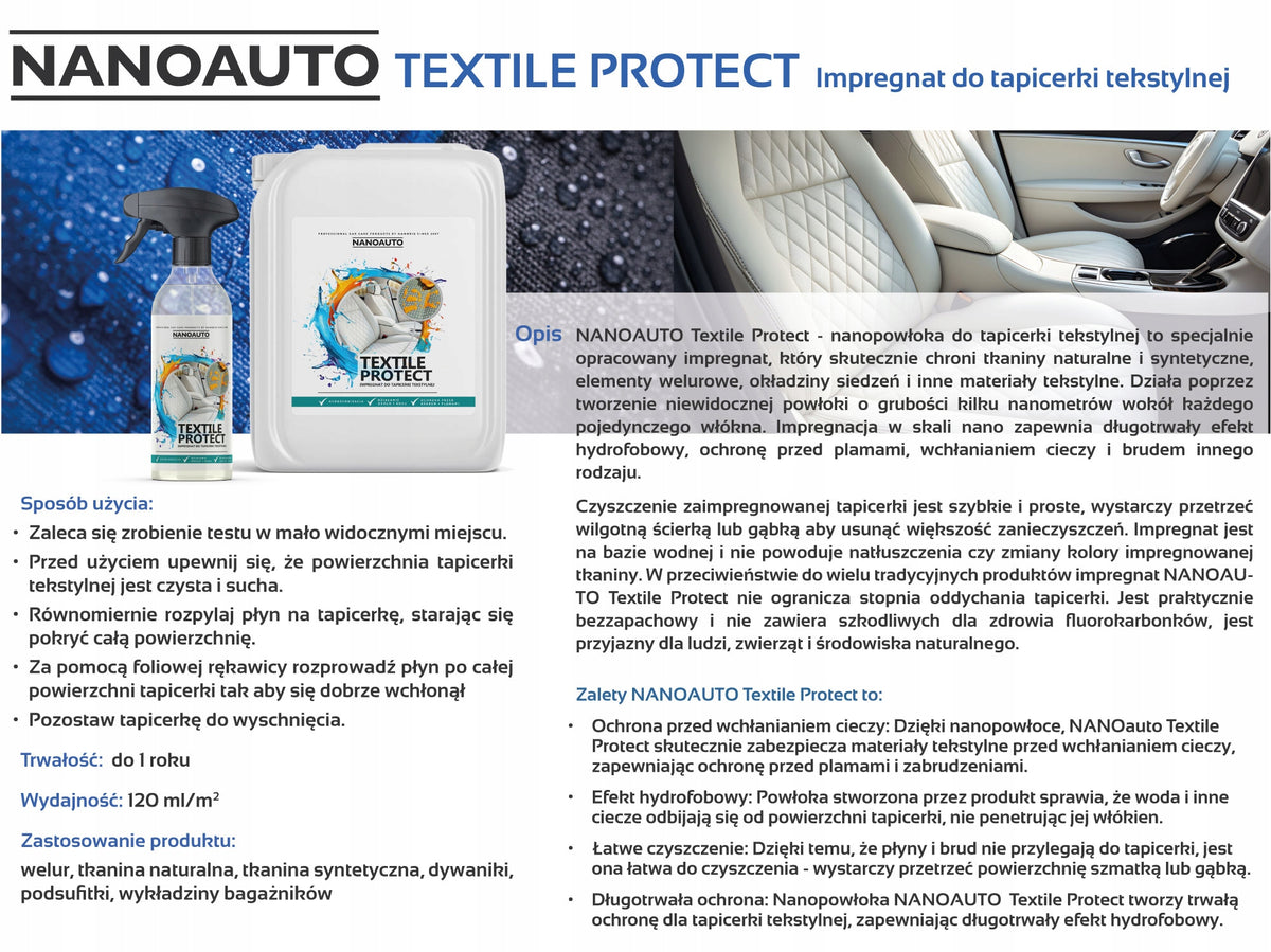 Impregnation for textile upholstery, alcantara, velour NANOAUTO 250ml - 1 year Manufacturer's catalog number LS.03.250