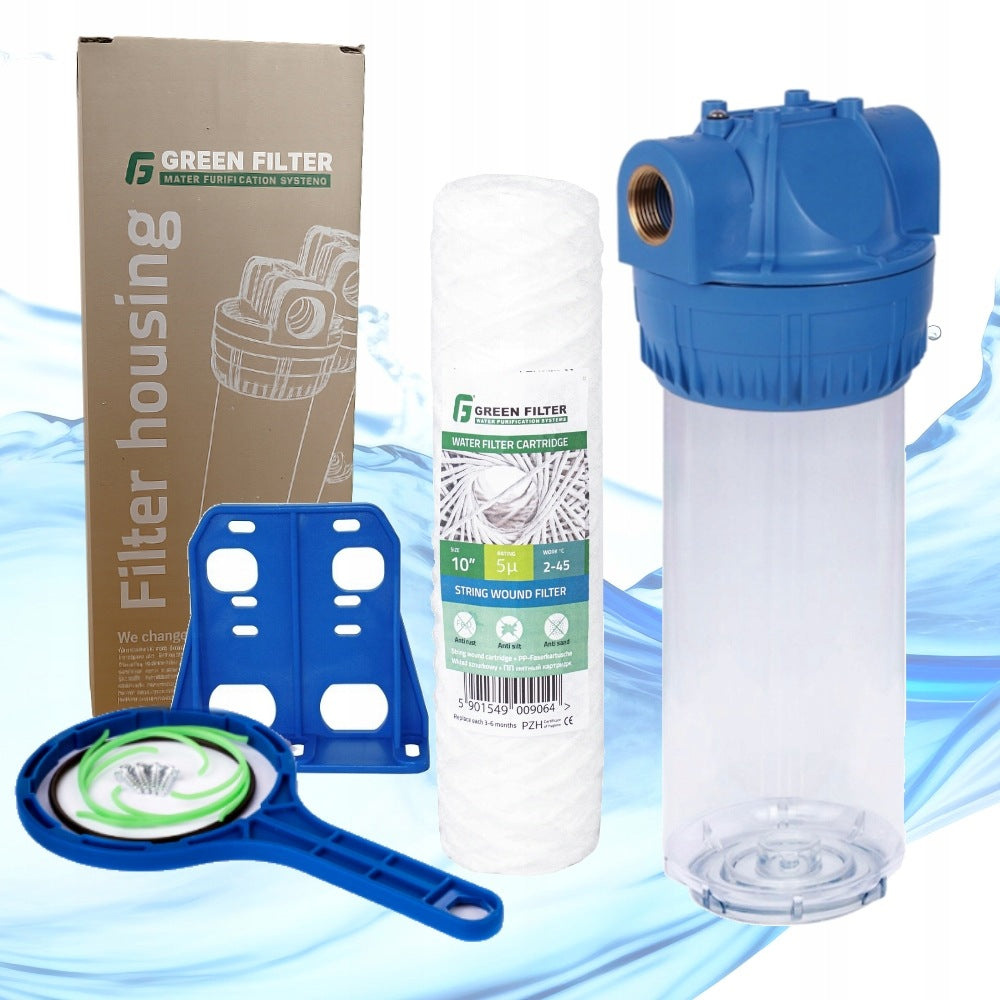 In-line water filter 10" 1" body 3-piece set cartridge key handle