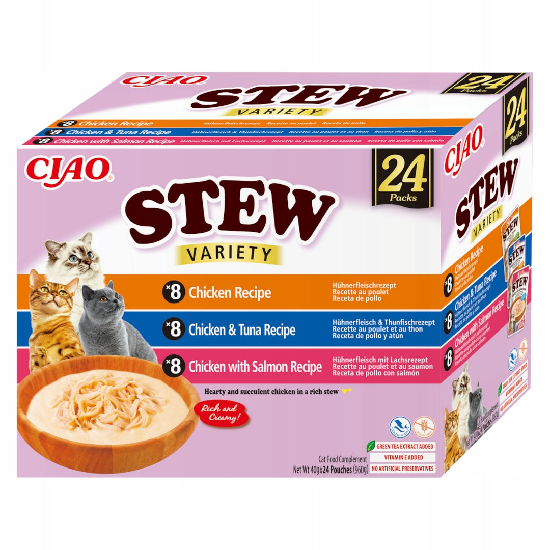 Inaba Cat Ciao Stew 24x40g Supplementary Cat Food Chicken Tuna and Salmon Packaging status original