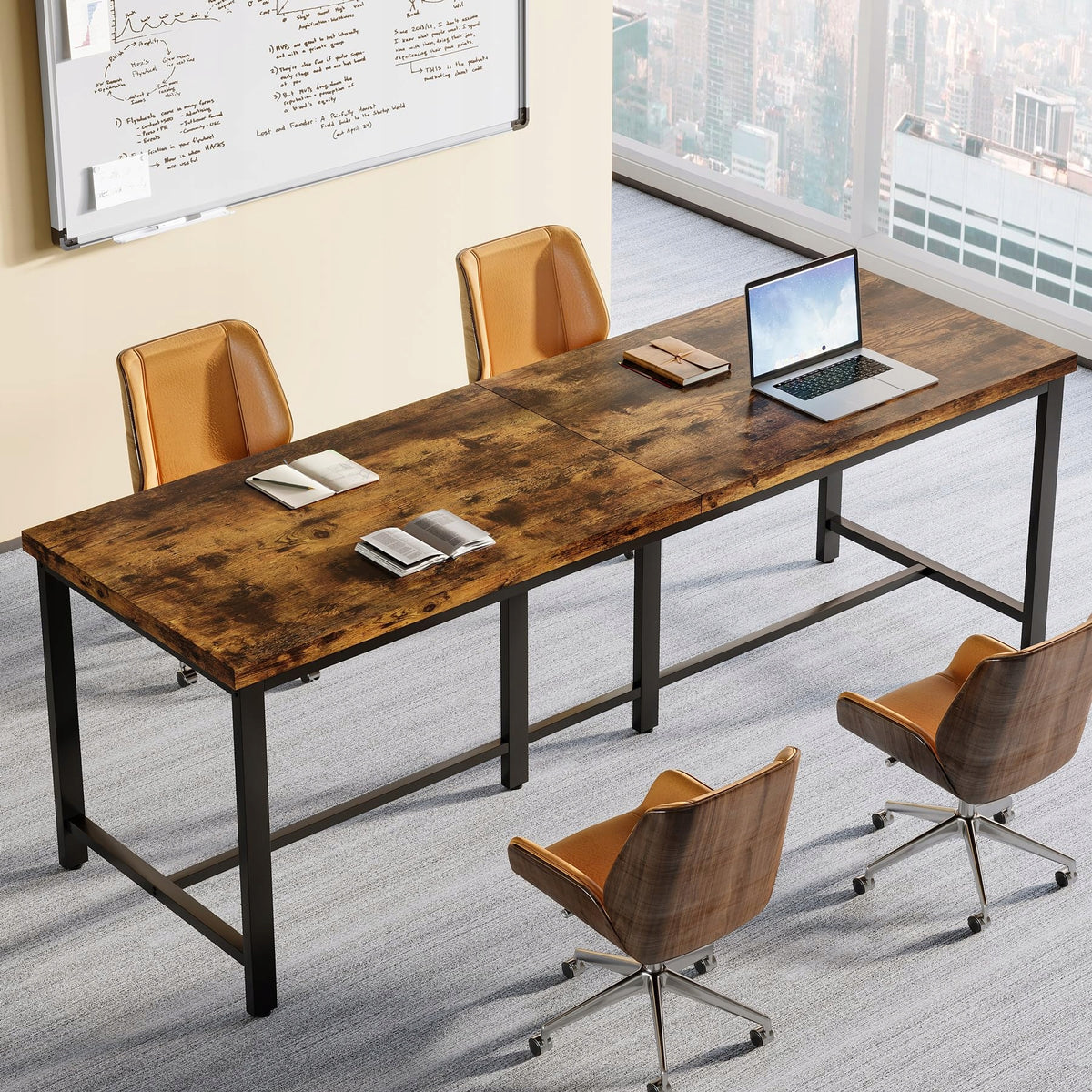 Industrial Double Computer Desk 200x60cm, Metal Frame Office Table Brown Manufacturer code NY296