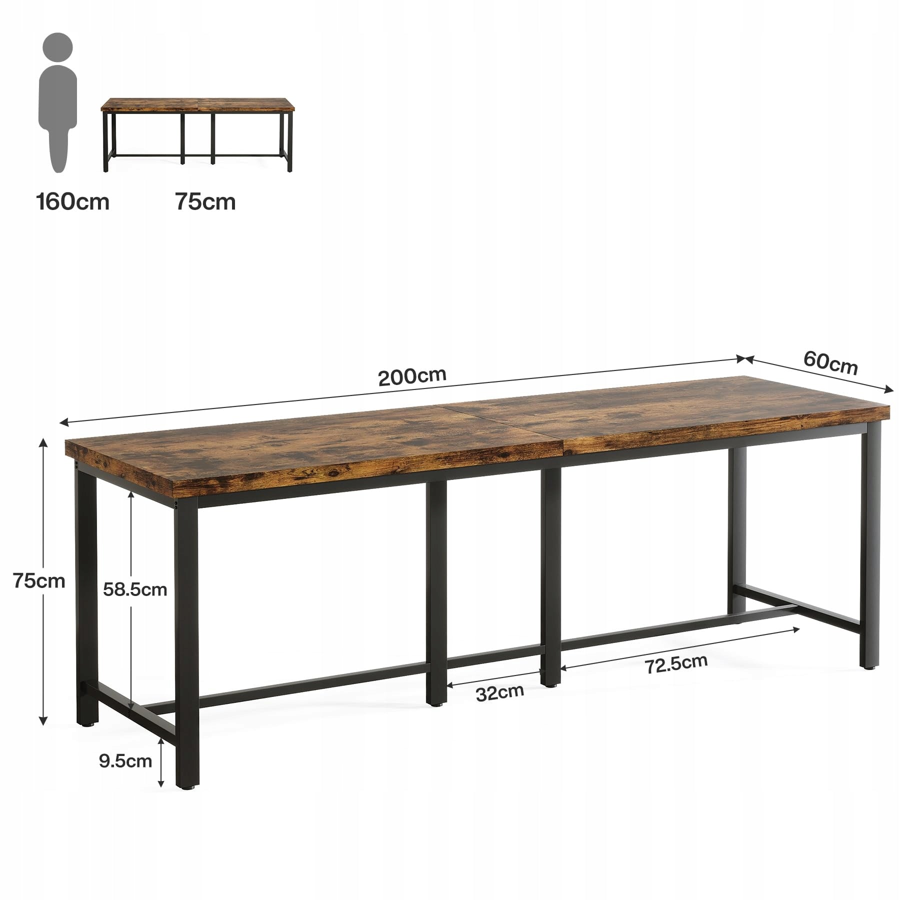 Industrial Double Computer Desk 200x60cm, Metal Frame Office Table Brown Packaging status original
