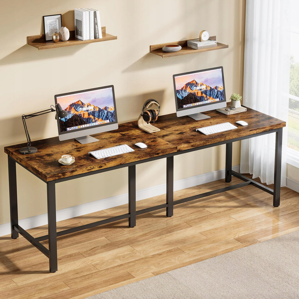 Industrial Double Computer Desk 200x60cm, Metal Frame Office Table Brown