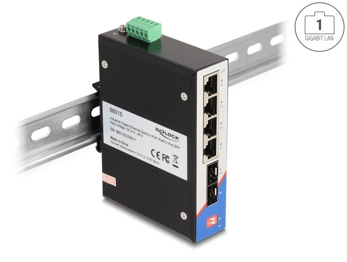 Industrial Gigabit Ethernet Switch 4x RJ45 2x SFP DIN Delock 88015
