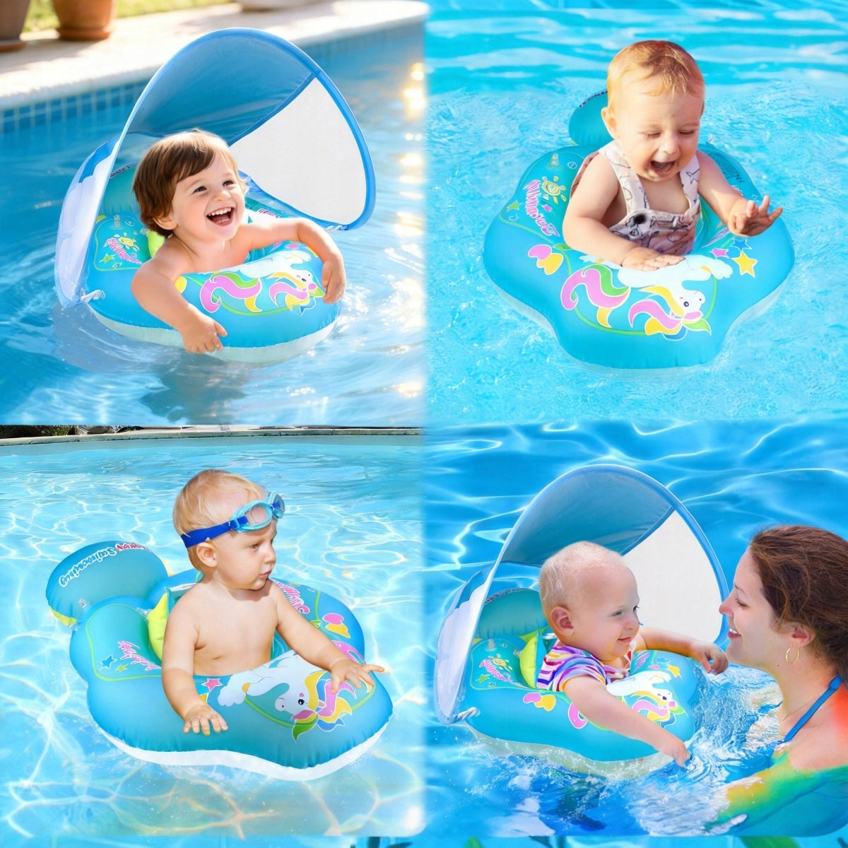 Inflatable Infant Swimming Wheel with Canopy + Pump Blue Color blue
