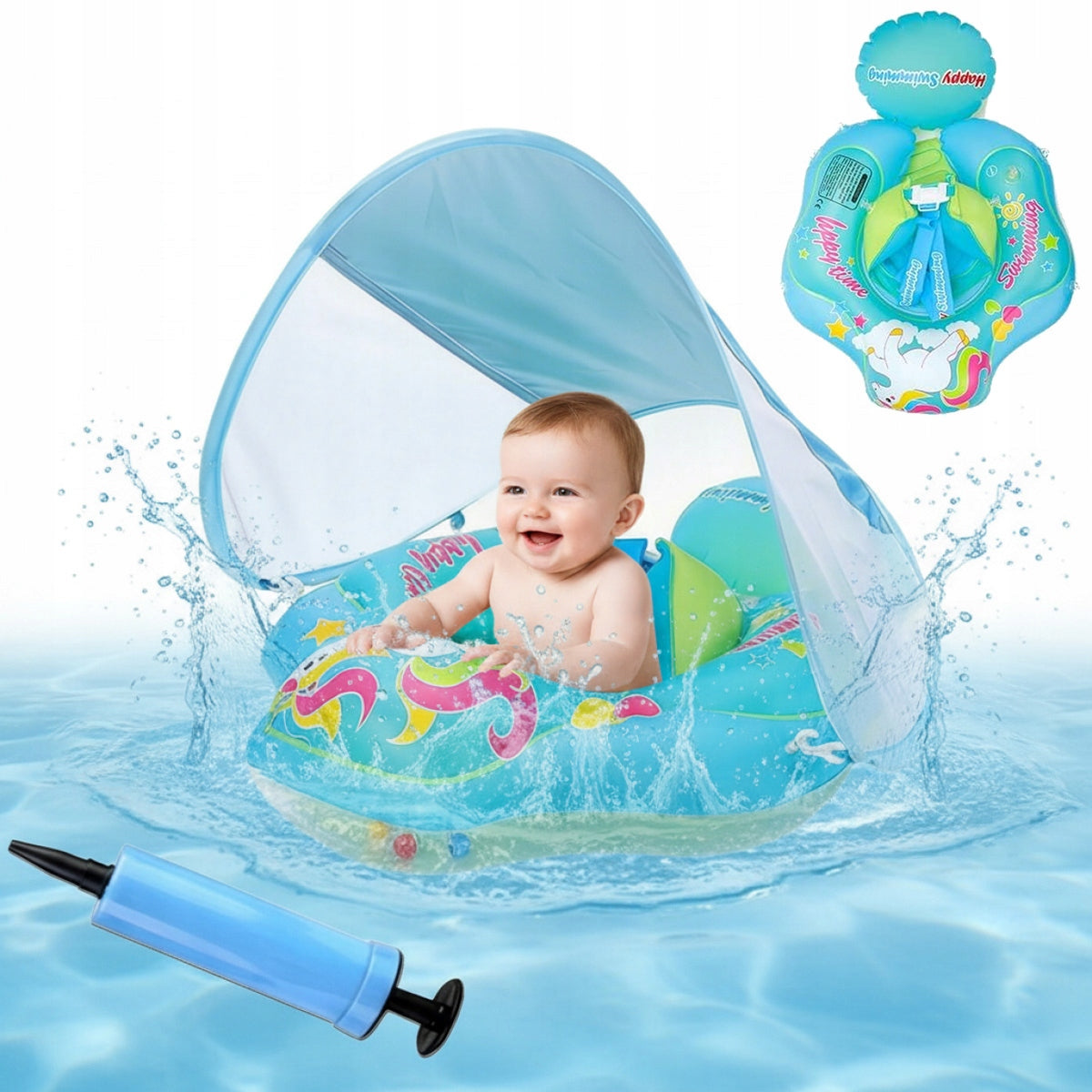 Inflatable Infant Swimming Wheel with Canopy + Pump Blue