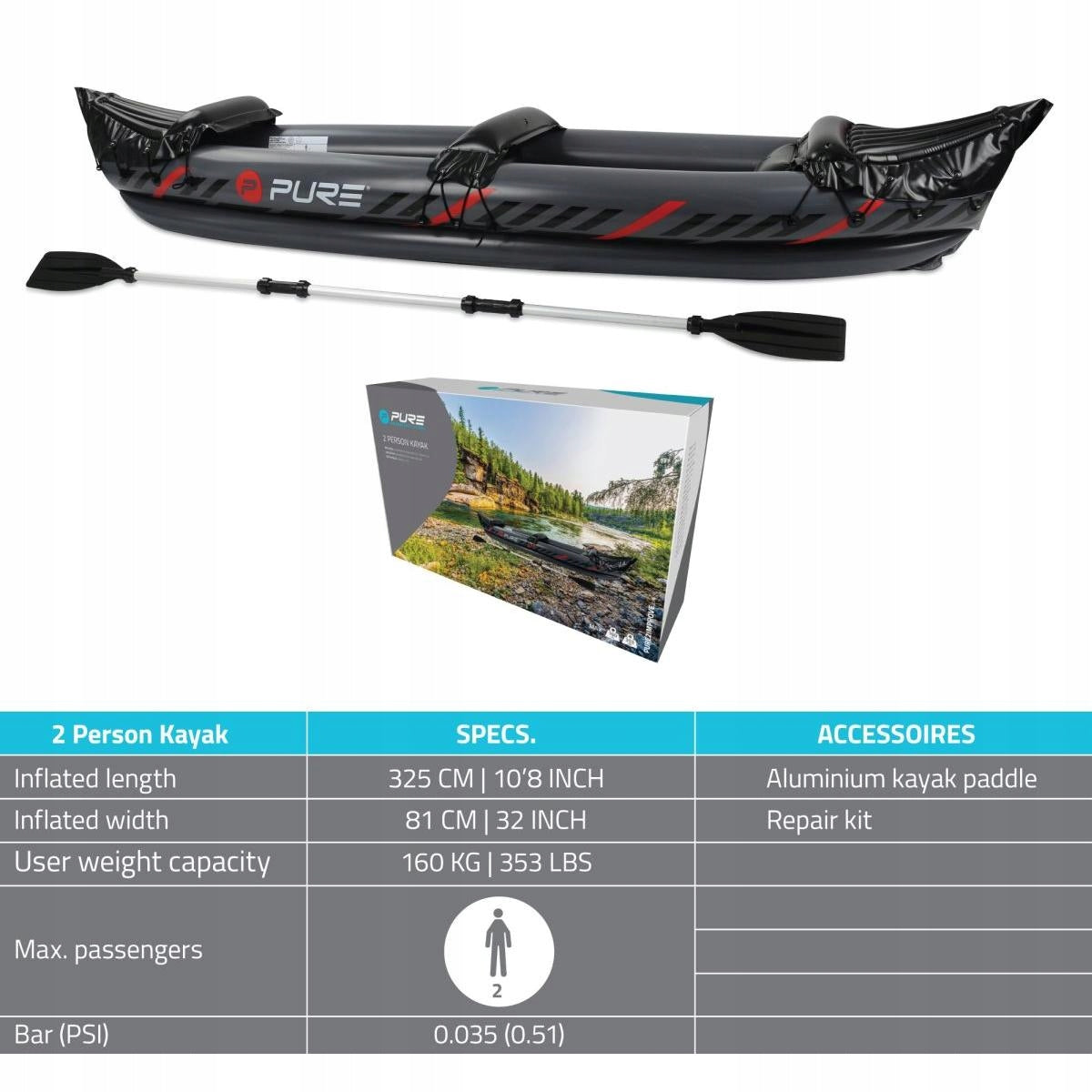 Inflatable Kayak XPRO 321x81cm Double Pontoon Paddle Alu Pure4Fun Model XPRO