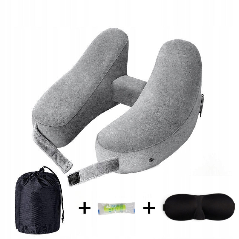 Inflatable Neck Travel Pillow Folding with Headband and Plugs Velour
