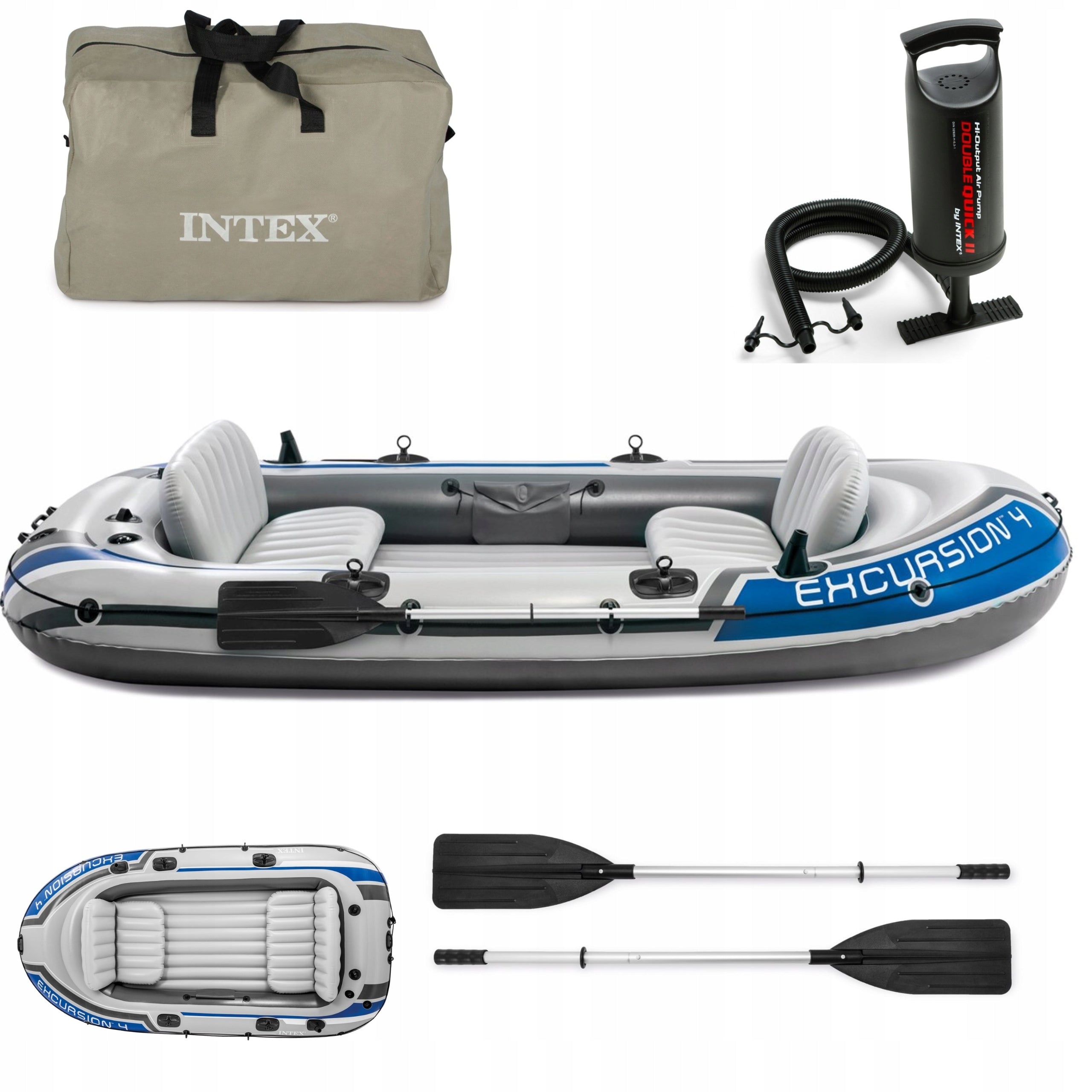 Inflatable Pontoon 4 Person INTEX Excursion 4 Set Paddle Pump Bag