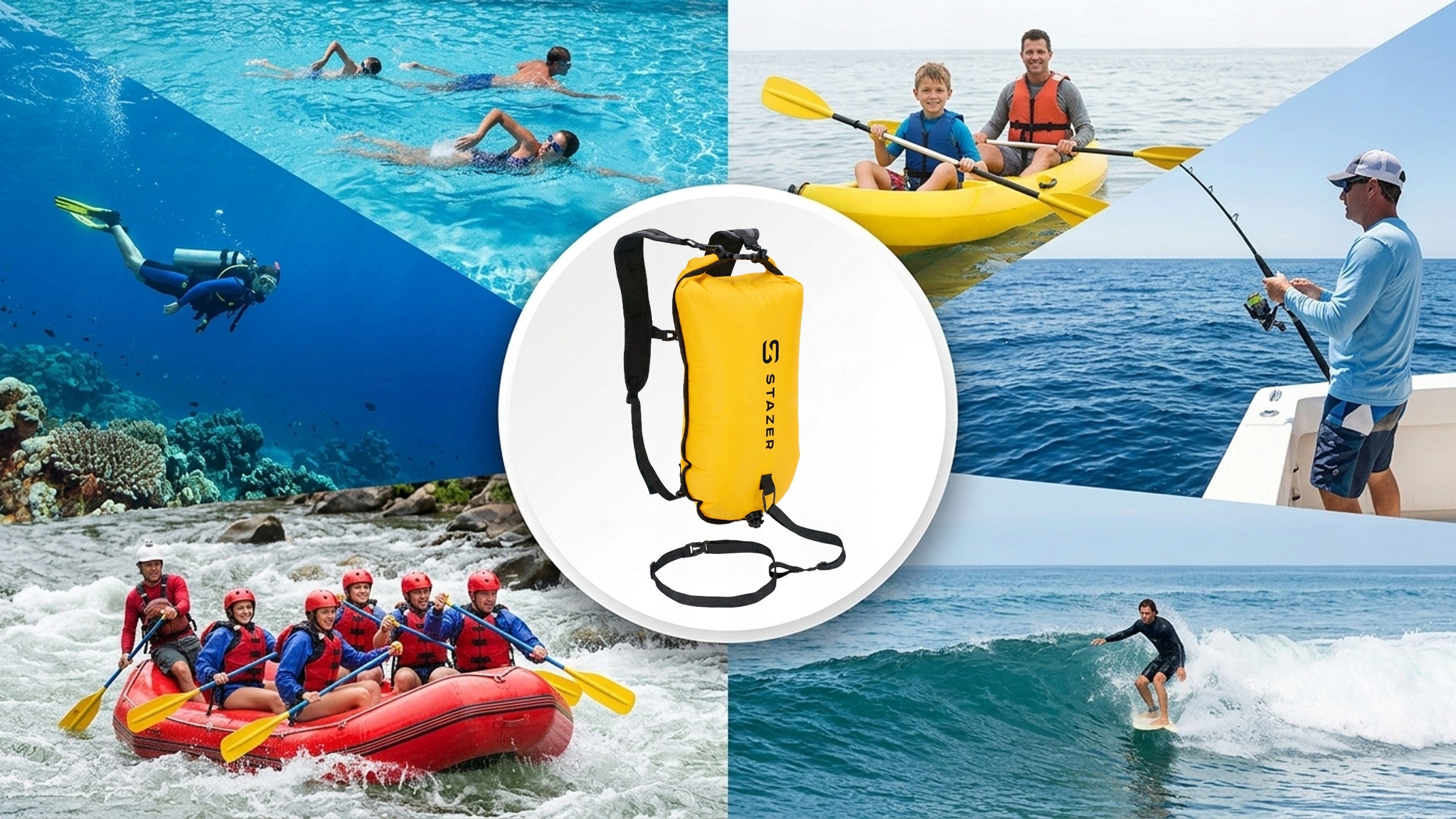Inflatable buoy safety dry pocket for swimming backpack Model pływacka z szelkami