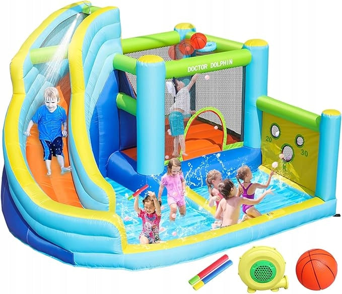 Inflatable castle FBSPORT 6in1 slide, paddling pool, basketball 3 years +