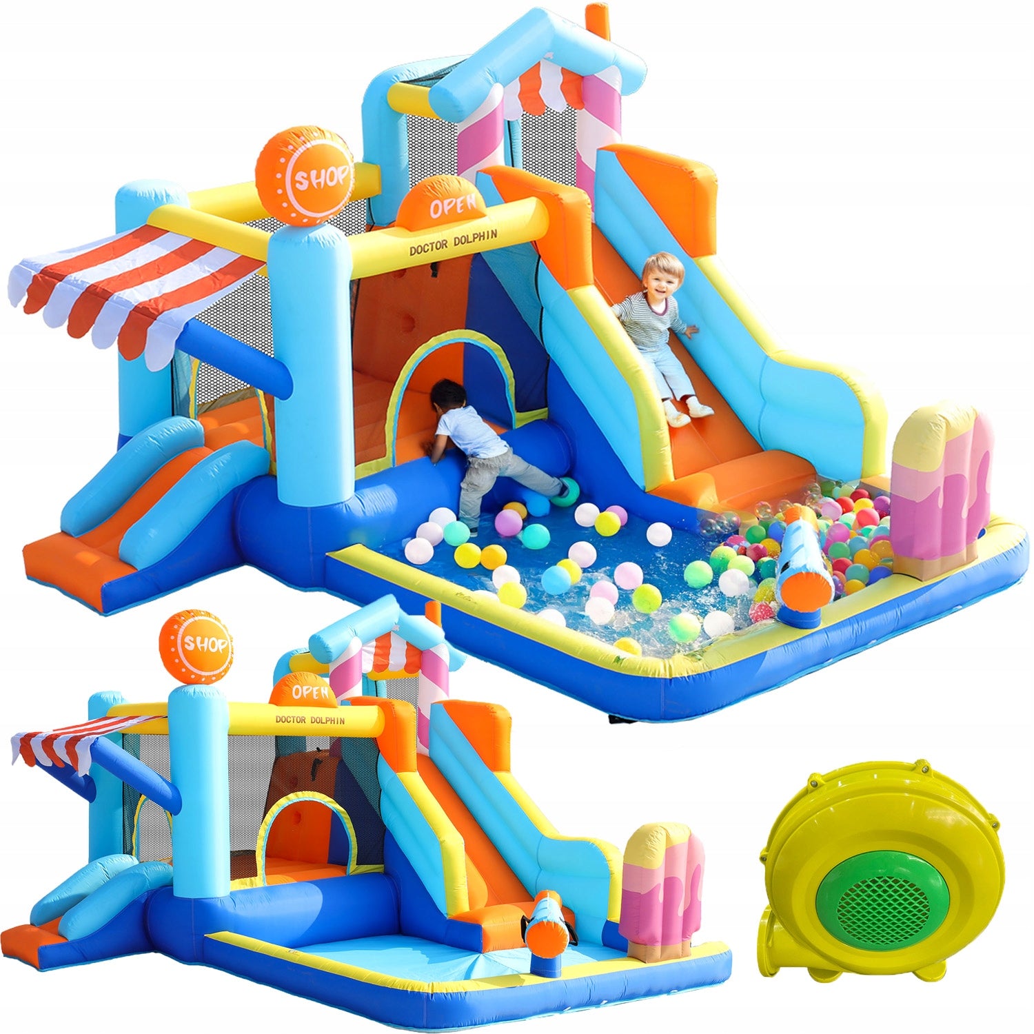Inflatable water park for kids slide obstacle course blower cannon