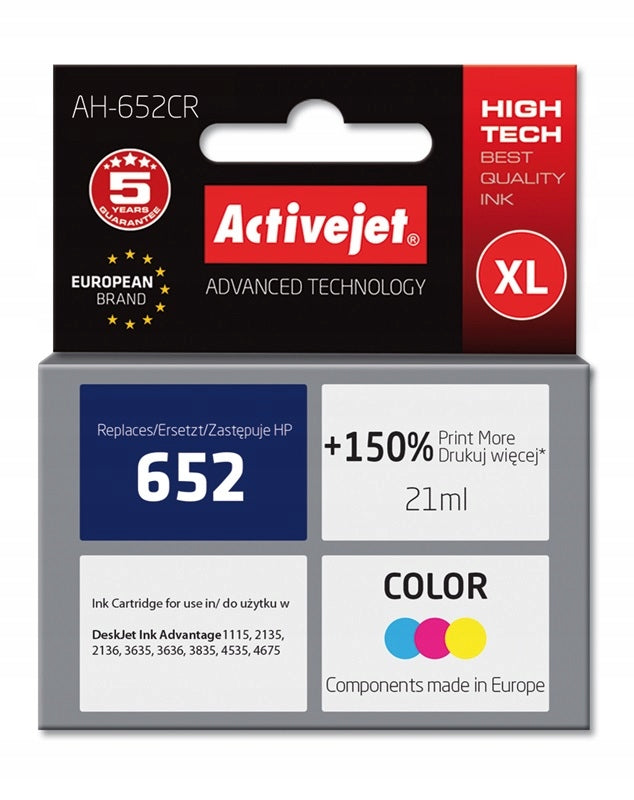 Ink ACTIVEJET AH-652CR replacement HP 652 F6V24AE Tri Color